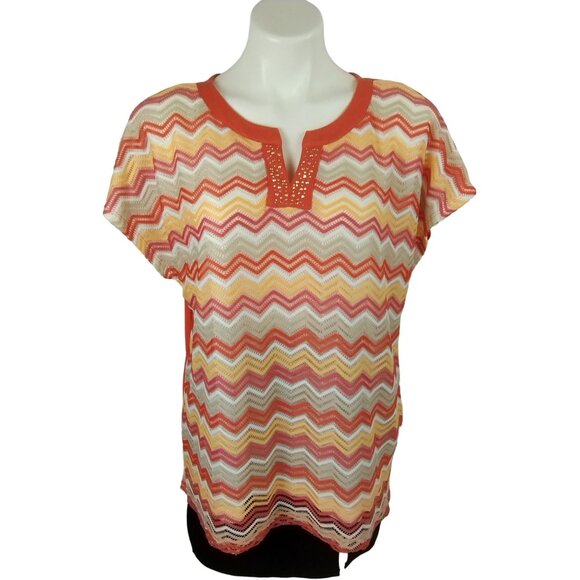 Alfred Dunner Womens Large Chevron Zigzag Knit Top With Studded Neckline - Picture 1 of 8